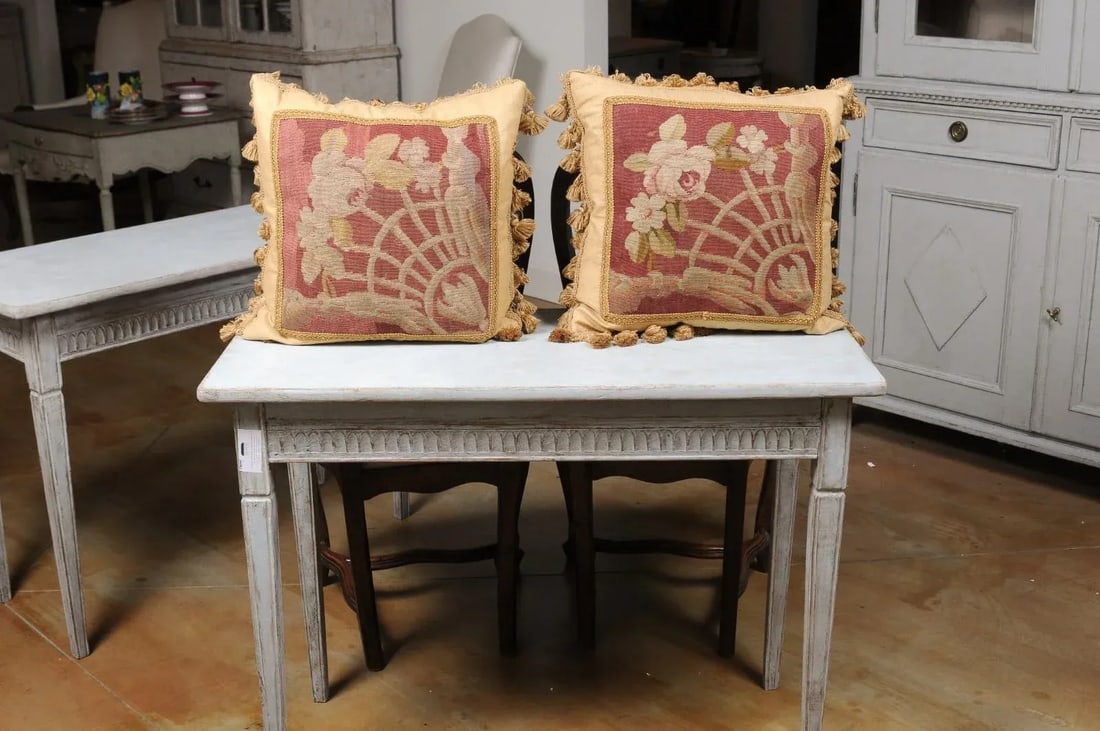 French 19th Century Aubusson Tapestry Pillows with Floral Decor - a Pair - 3