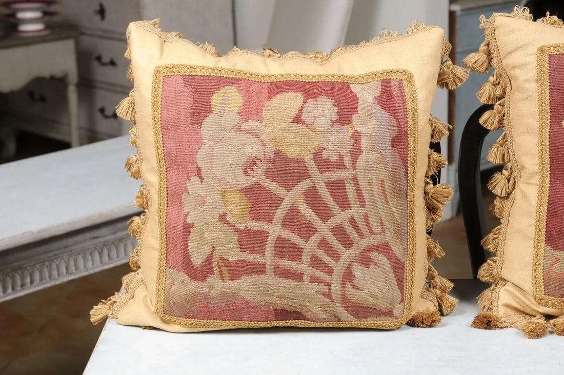 French 19th Century Aubusson Tapestry Pillows with Floral Decor - a Pair - 4