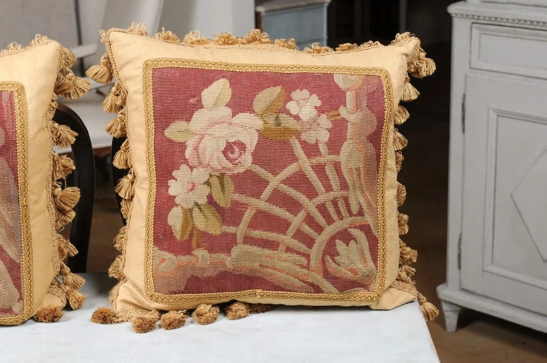 French 19th Century Aubusson Tapestry Pillows with Floral Decor - a Pair - 5