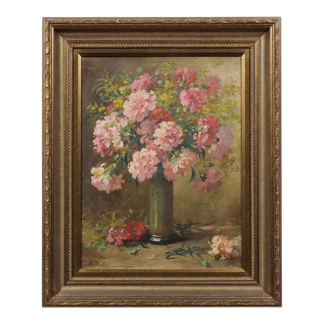 French 19th Century Framed Oil on Canvas Still-Life Painting with Pink Bouquet: A French floral still-life oil on canvas painting from the 19th century, set inside a giltwood frame. This French still-life painting features an exquisite bouquet of pink flowers displayed in an