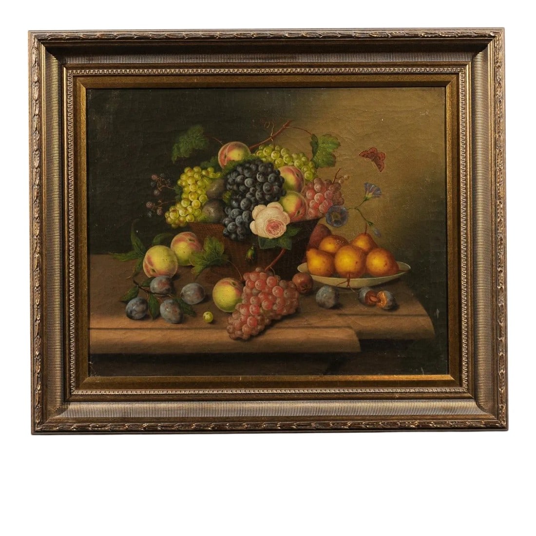 French 19th Century Framed Oil on Canvas Still-Life Painting Depicting Fruits: A French framed oil on canvas still-life painting from the 19th century depicting fruits. Born in France during the 19th century, this exquisite still-life painting depicts an abundance of