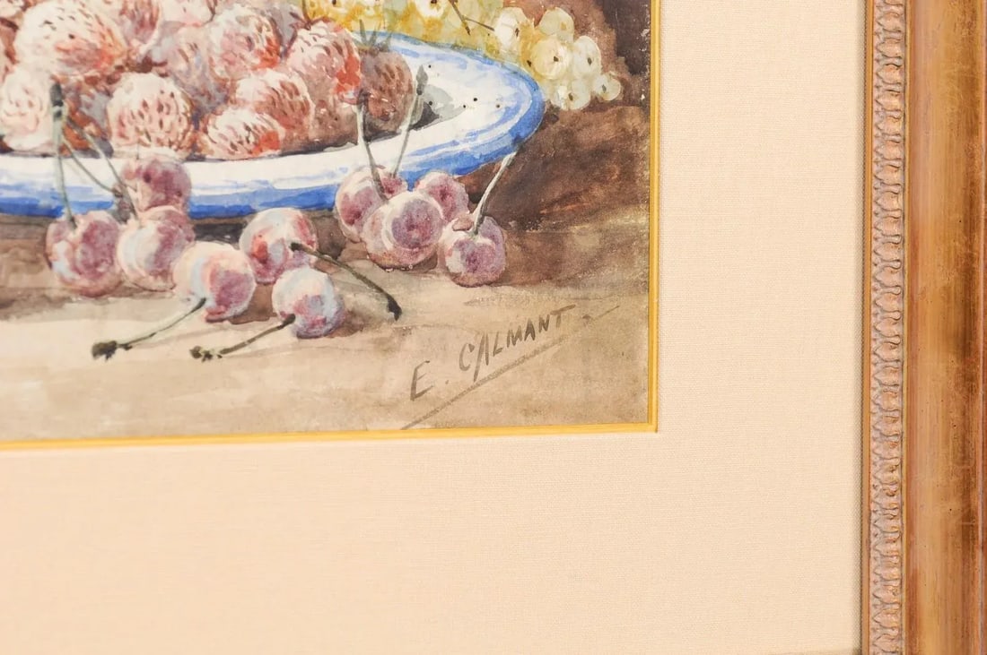 19th Century French Fruit Still Life Watercolor Painting Signed E Calmant, Framed - 12