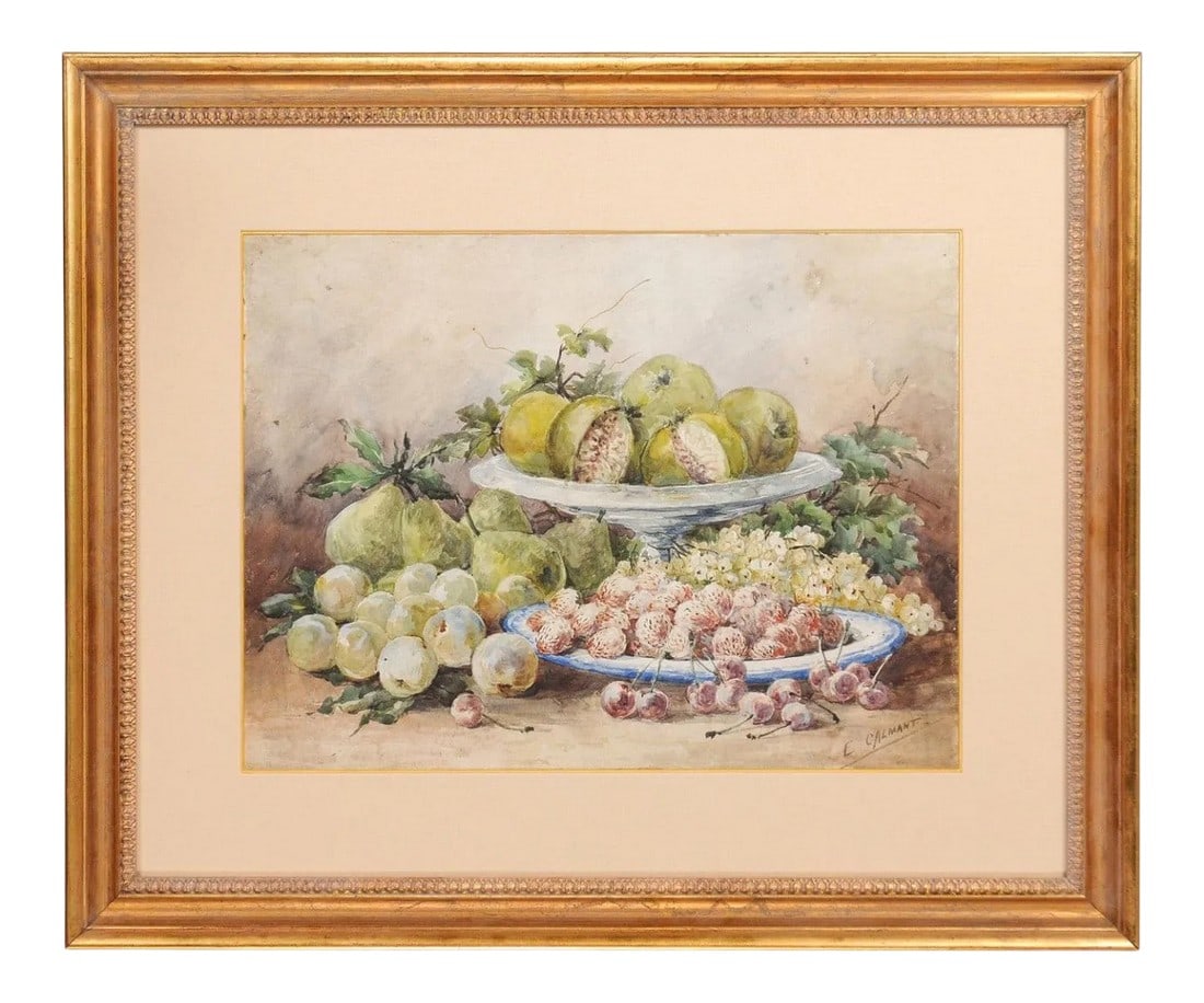 19th Century French Fruit Still Life Watercolor Painting Signed E Calmant, Framed: A French framed watercolor from the 19th century signed E Calmant, depicting fruits surrounded by foliage. Created in France during the second half of the 19th century by Calmant, a female watercolor