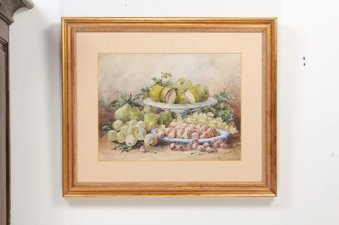 19th Century French Fruit Still Life Watercolor Painting Signed E Calmant, Framed - 2