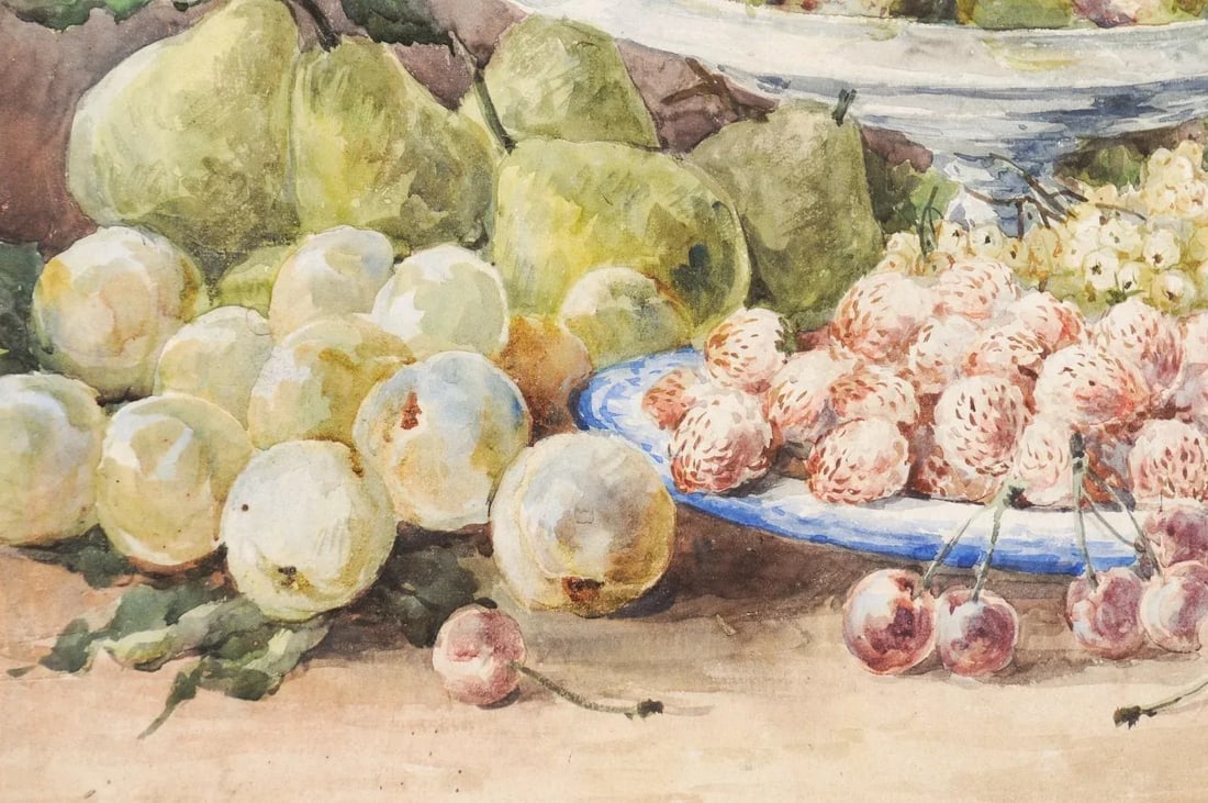 19th Century French Fruit Still Life Watercolor Painting Signed E Calmant, Framed - 3