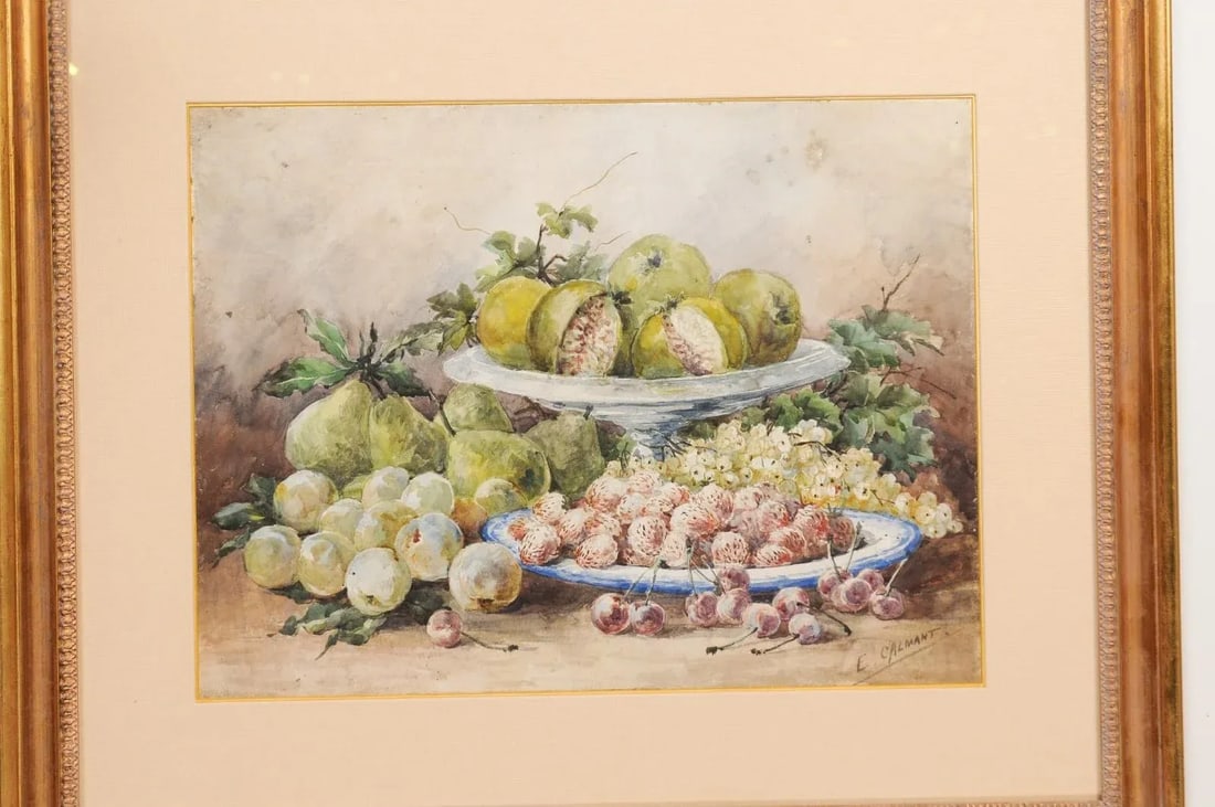 19th Century French Fruit Still Life Watercolor Painting Signed E Calmant, Framed - 4