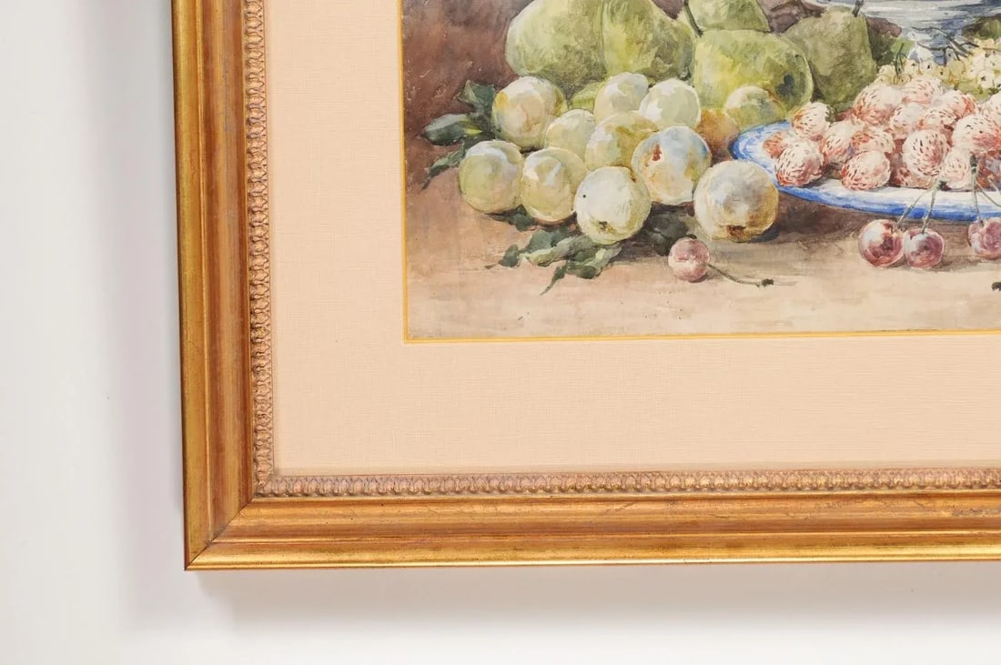 19th Century French Fruit Still Life Watercolor Painting Signed E Calmant, Framed - 7