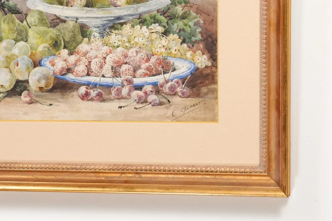 19th Century French Fruit Still Life Watercolor Painting Signed E Calmant, Framed - 8