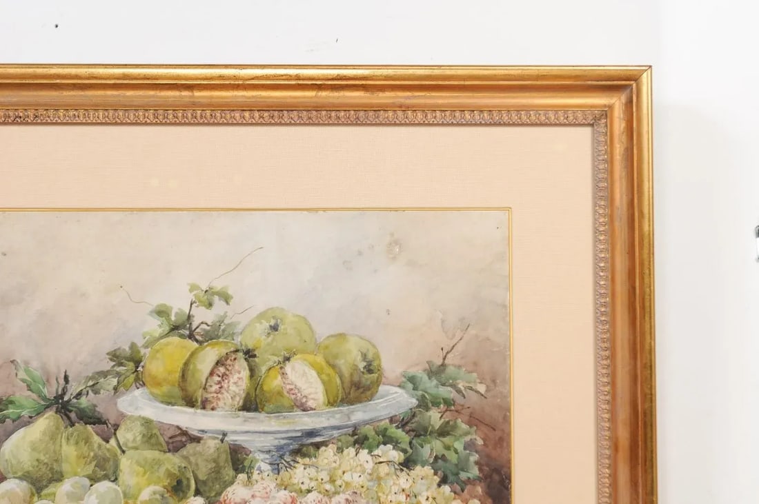 19th Century French Fruit Still Life Watercolor Painting Signed E Calmant, Framed - 9