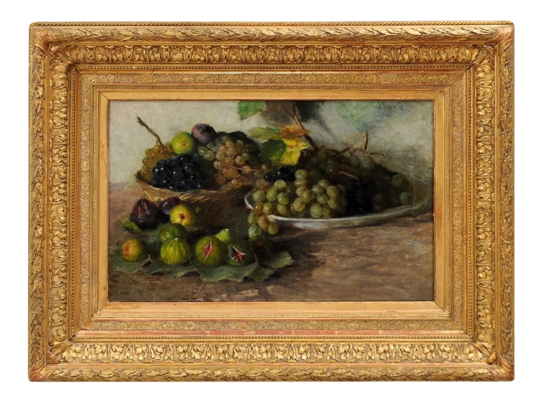 Late 19th Century French Still Life of Grapes and Figs Oil Painting, Framed: A French framed oil on canvas still-life painting from the late 19th century depicting fruits. Created in France circa 1875, this oil on canvas painting depicts a humble arrangement of mouth-watering