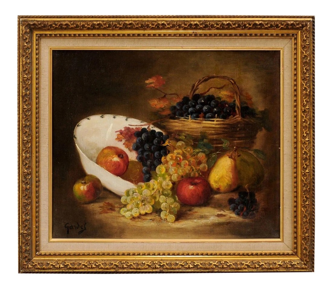 19th Century French Fruit Still Life Oil Painting, Framed: A French oil on canvas still-life painting from the 19th century, depicting fruits and set in giltwood frame. Created in France during the 19th century, this oil painting depicts a careful