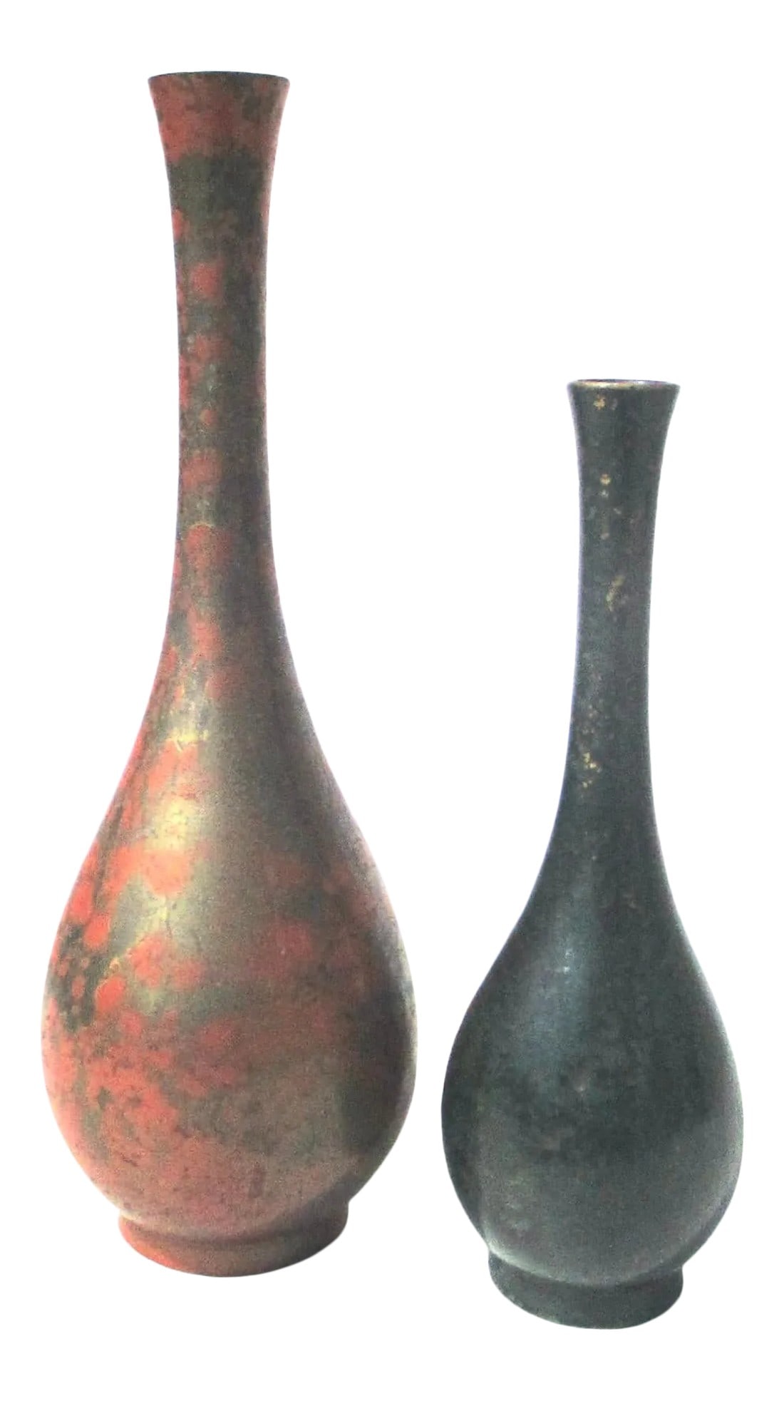 Japanese Mid-Century Patinated Vases- 2 - a Pair: Matching pair of Japanese mid-century bronze bud vases. Each in hand-made crackled patina with a color of iron rust red and forest green. Beautiful Asian simplicity and asthetic. The size is 9.5" and