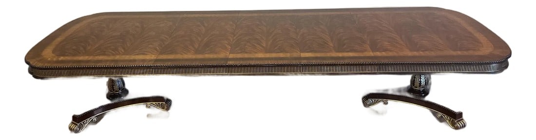 1990s Ej Victor Regency Chippendale Mahogany Dining/Conference Table With Gold Leaf Accents and Cust: Magnificent example of Kindel design, craftsmanship and selection of materials to produce a breath taking double pedestal Chippendale Regency mahogany dining/conference table, Model #9202-20. Mahogany
