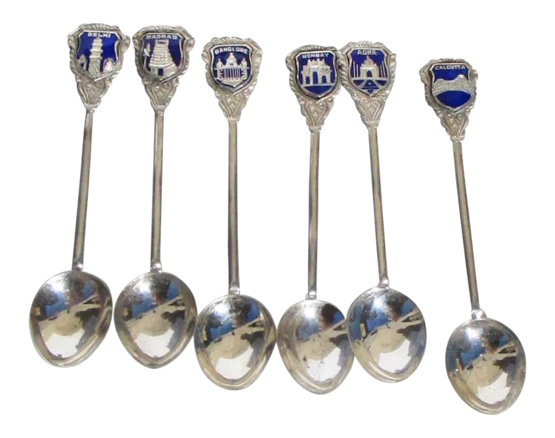 Indian Demitasse Sterling Silver Spoons -Set of 6: Sterling Silver and enamel demitasse stirring spoons. Dark blue enamel crests decorated with Cities of India, Calcutta, Bombay, Madras, Bangalore, Agra, and Delhi. Each with a symbolic landmark of