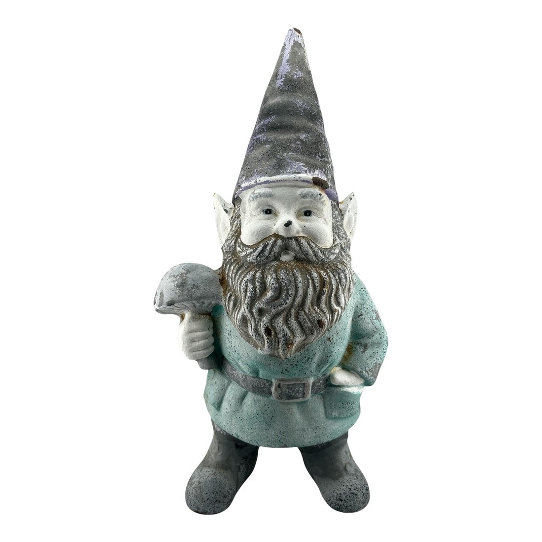 1960s Mid Century Cast Iron Garden Gnome Statue Holding a Mushroom: The cutest garden gnome there ever was! Add this stunning little guy to your garden today! He's in excellent condition with a few minor rust spots consistent with age. He stands at 14 1/4" high, and