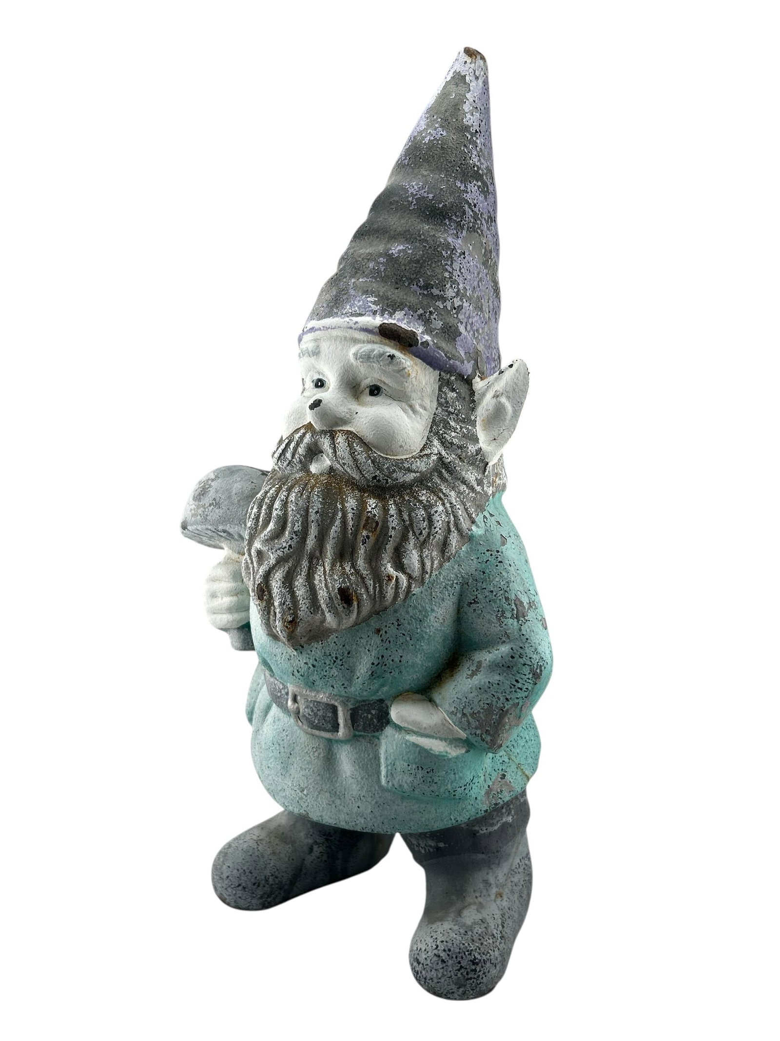 1960s Mid Century Cast Iron Garden Gnome Statue Holding a Mushroom - 5