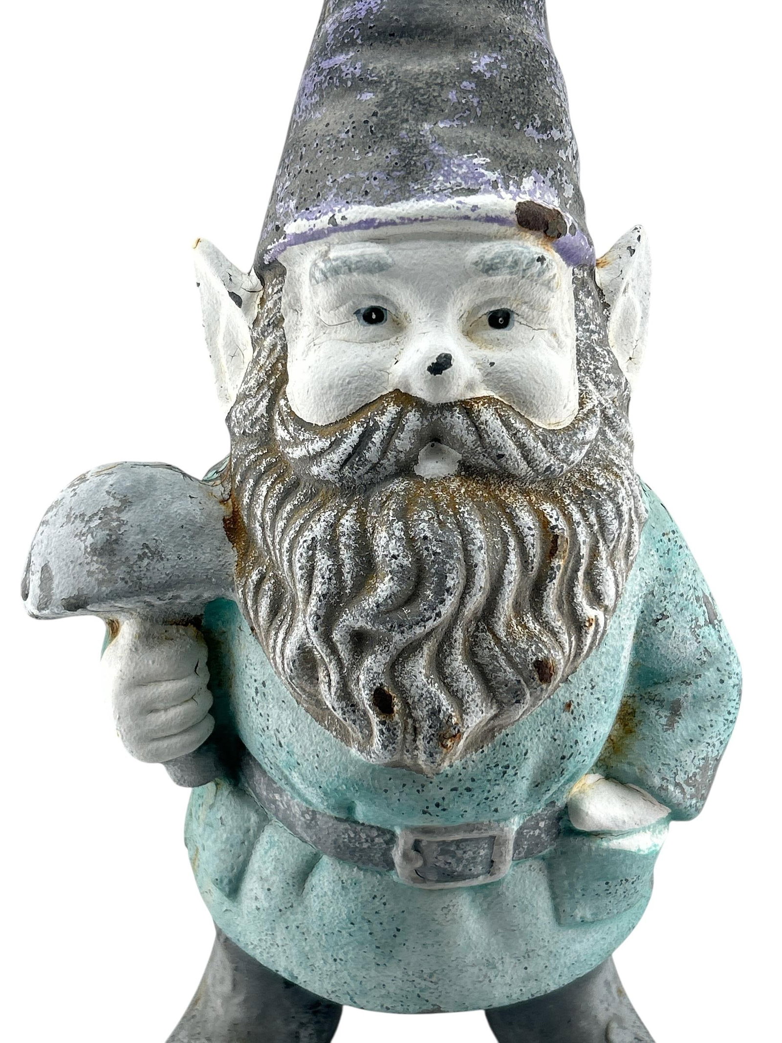 1960s Mid Century Cast Iron Garden Gnome Statue Holding a Mushroom - 7