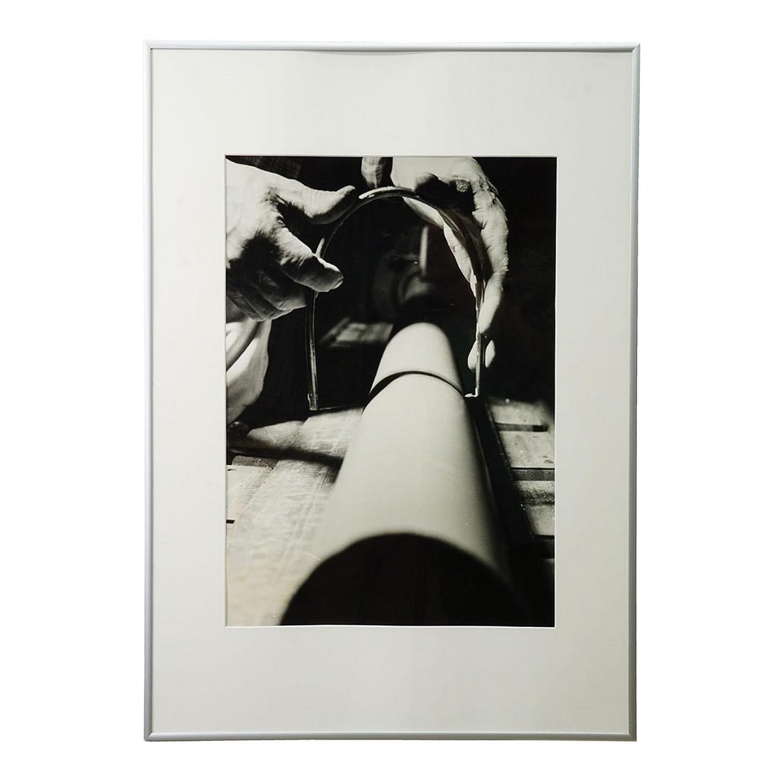 Willi Moegle – Arzberg Porcelain Factory, Ca. 1960: Willi Moegle – Arzberg Porcelain Factory, ca. 1960 This oversized photograph captures a craftsman's hands cutting the porcelain cake during the production process at the Arzberg porcelain