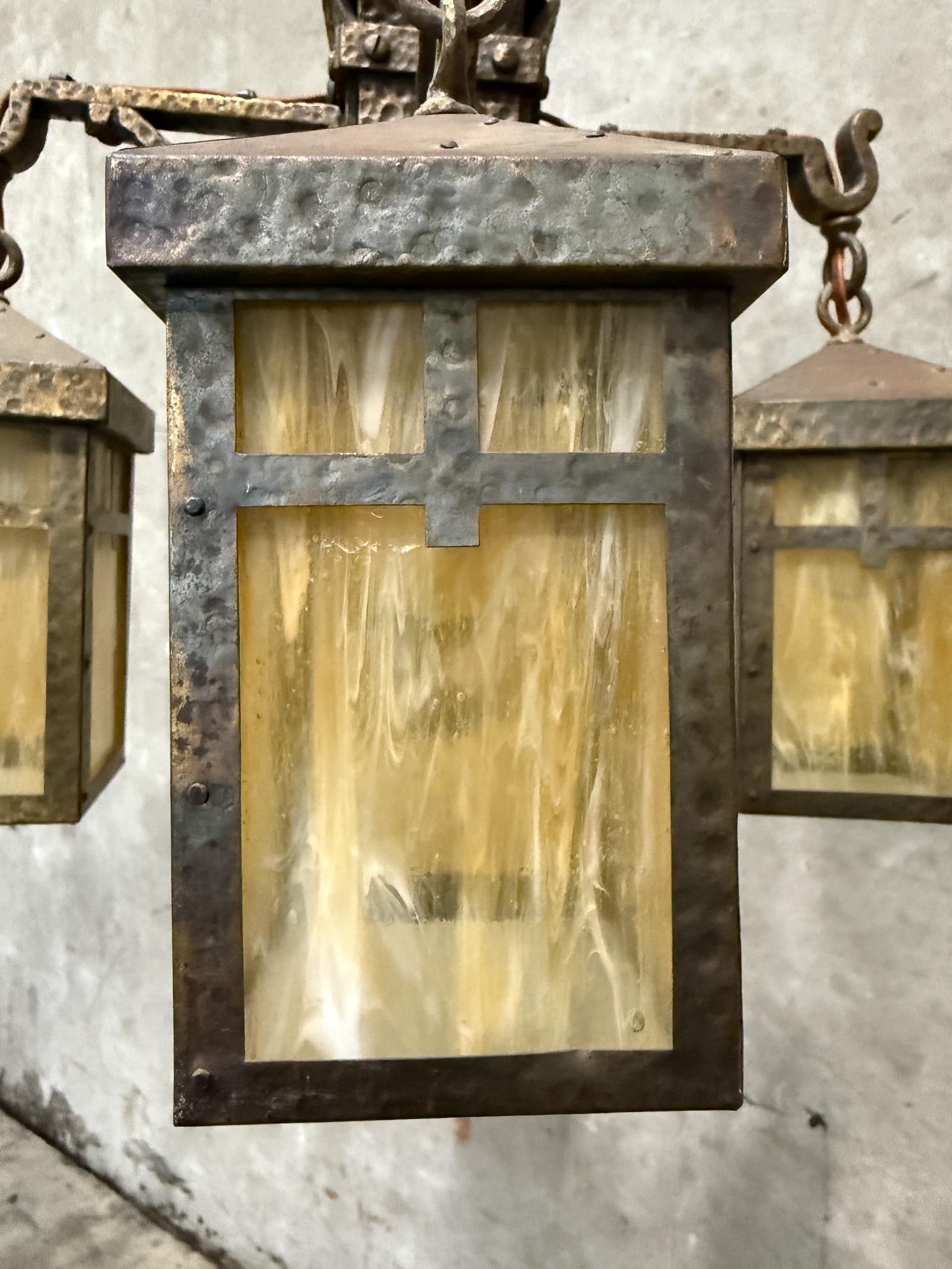 Antique Arts & Crafts Hammered Iron "Monk" Chandelier – Slag Glass Lantern Fixture (20") - 11