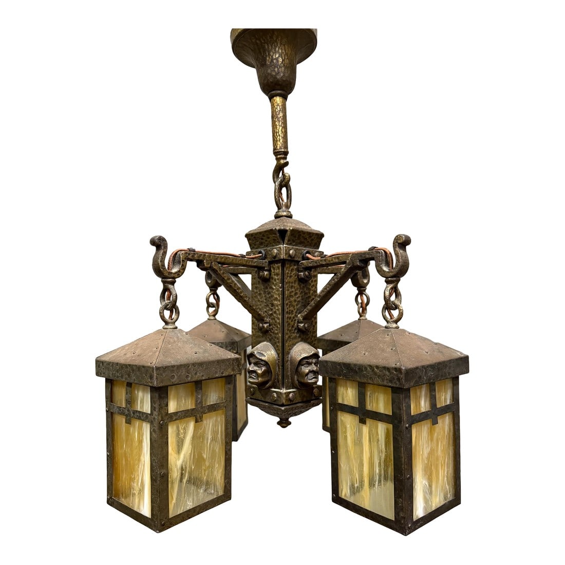 Antique Arts & Crafts Hammered Iron "Monk" Chandelier – Slag Glass Lantern Fixture (20") (1 of 13)