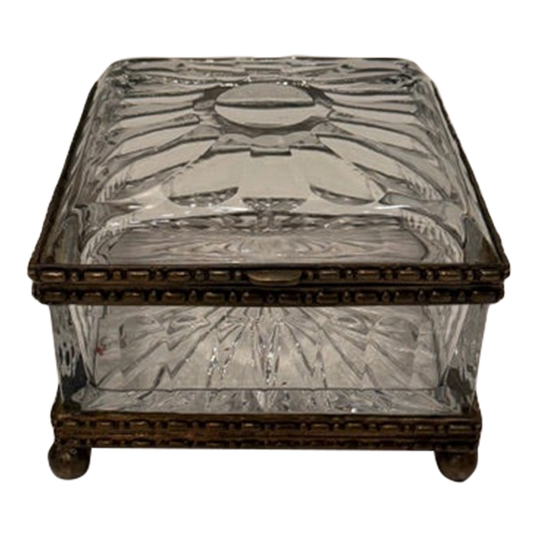 Baccarat Style Cut Crystal Box: Superbly elegant large cut crystal box in the style of Baccarat having brass mounts. Condition: Alterations: Original Condition Unaltered Imperfections: Some Imperfections Condition Notes: Good. Wear