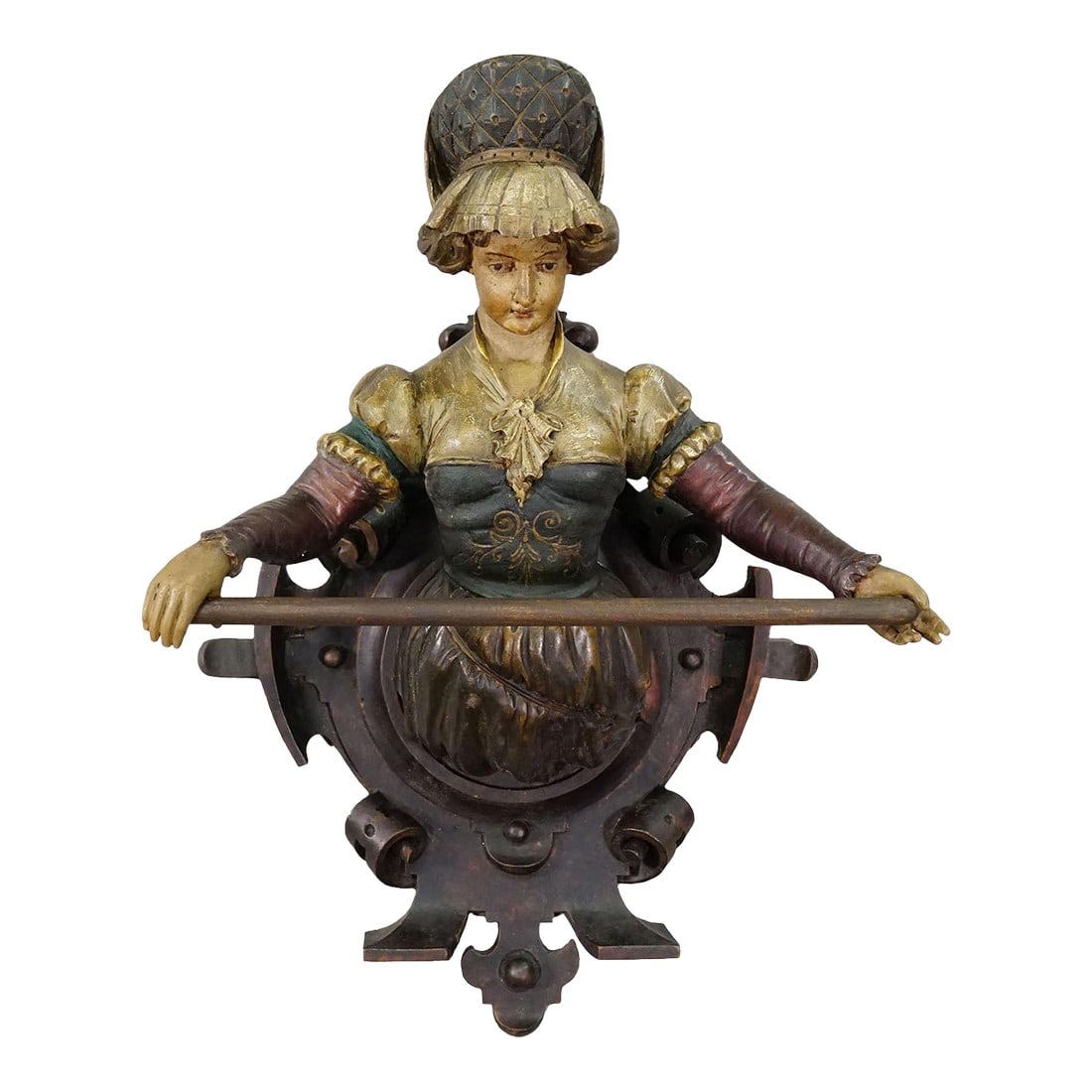 Lovely Carved Wooden Lady Towel Holder Ca. 1900: Lovely Carved Wooden Lady Towel Holder ca. 1900 A large unique towel rail, hand carved and painted around 1900. The artwork is modeled as a beautiful maid carrying a bar as a towel holder. An