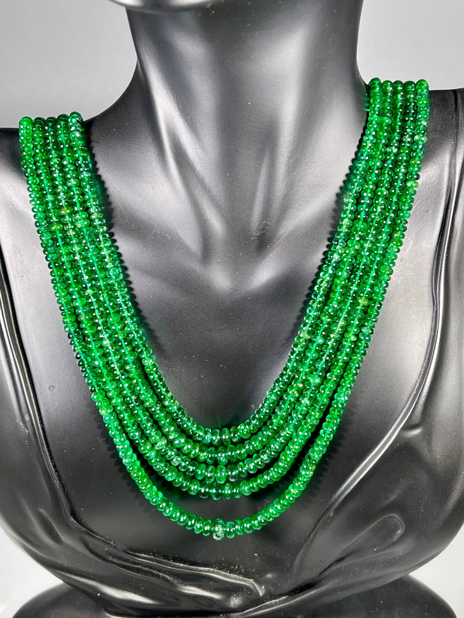 300ct Fine Emerald Beads 5 Line Necklace with 14 kt Yellow Gold Clasp Adjustable - 11