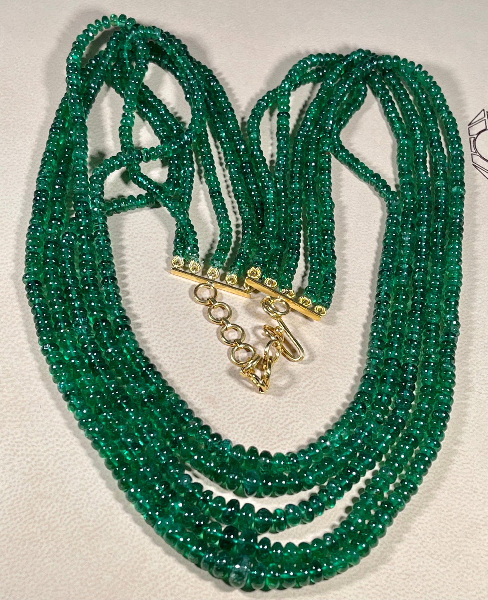 300ct Fine Emerald Beads 5 Line Necklace with 14 kt Yellow Gold Clasp Adjustable - 12