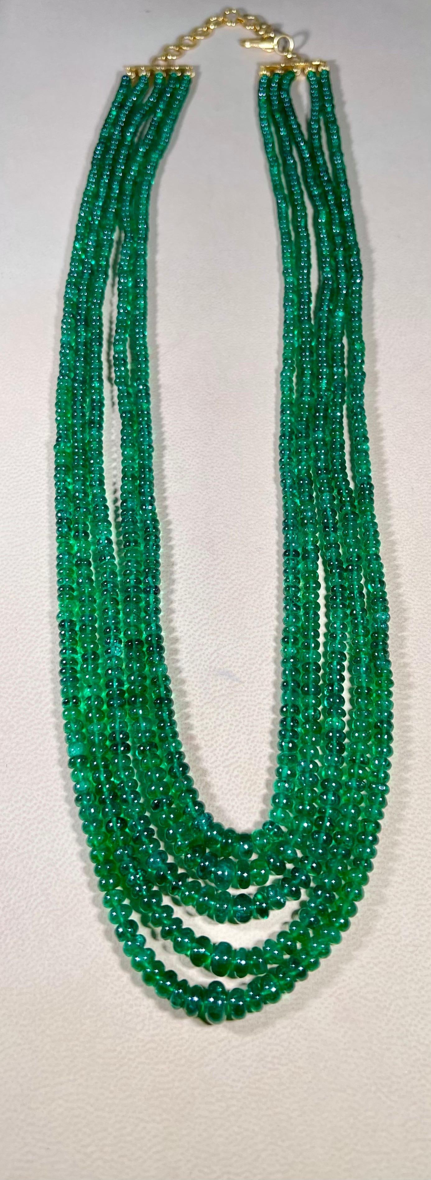 300ct Fine Emerald Beads 5 Line Necklace with 14 kt Yellow Gold Clasp Adjustable - 13