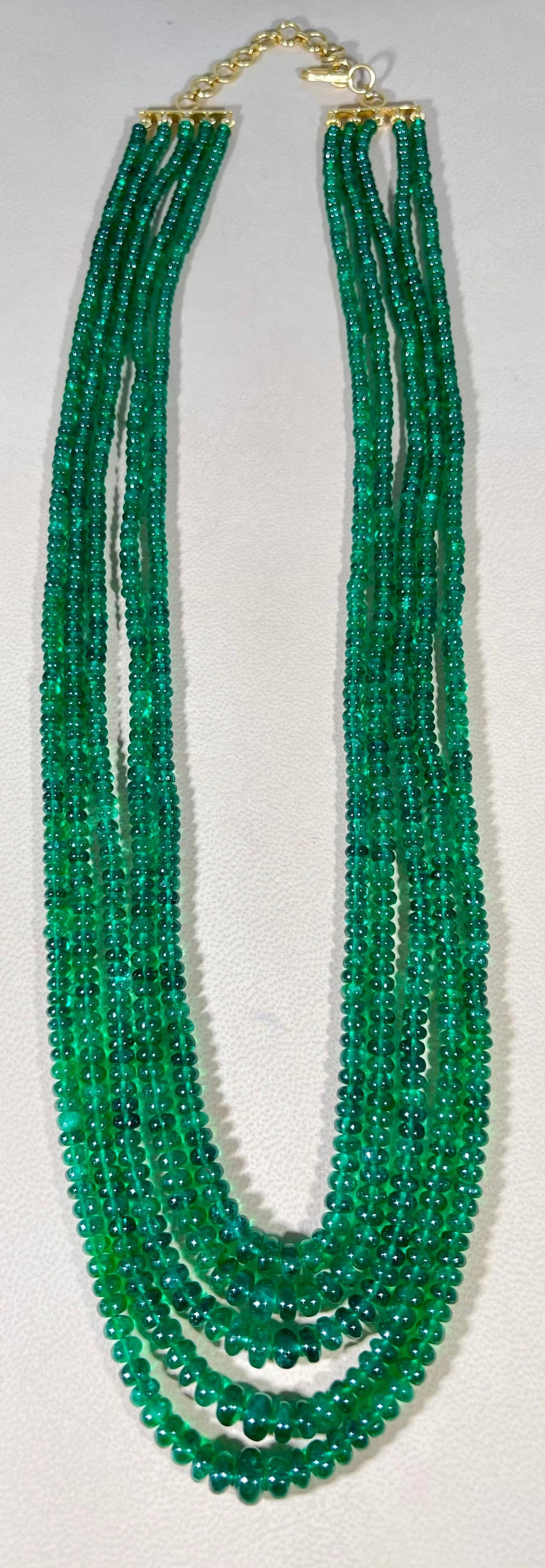 300ct Fine Emerald Beads 5 Line Necklace with 14 kt Yellow Gold Clasp Adjustable - 14