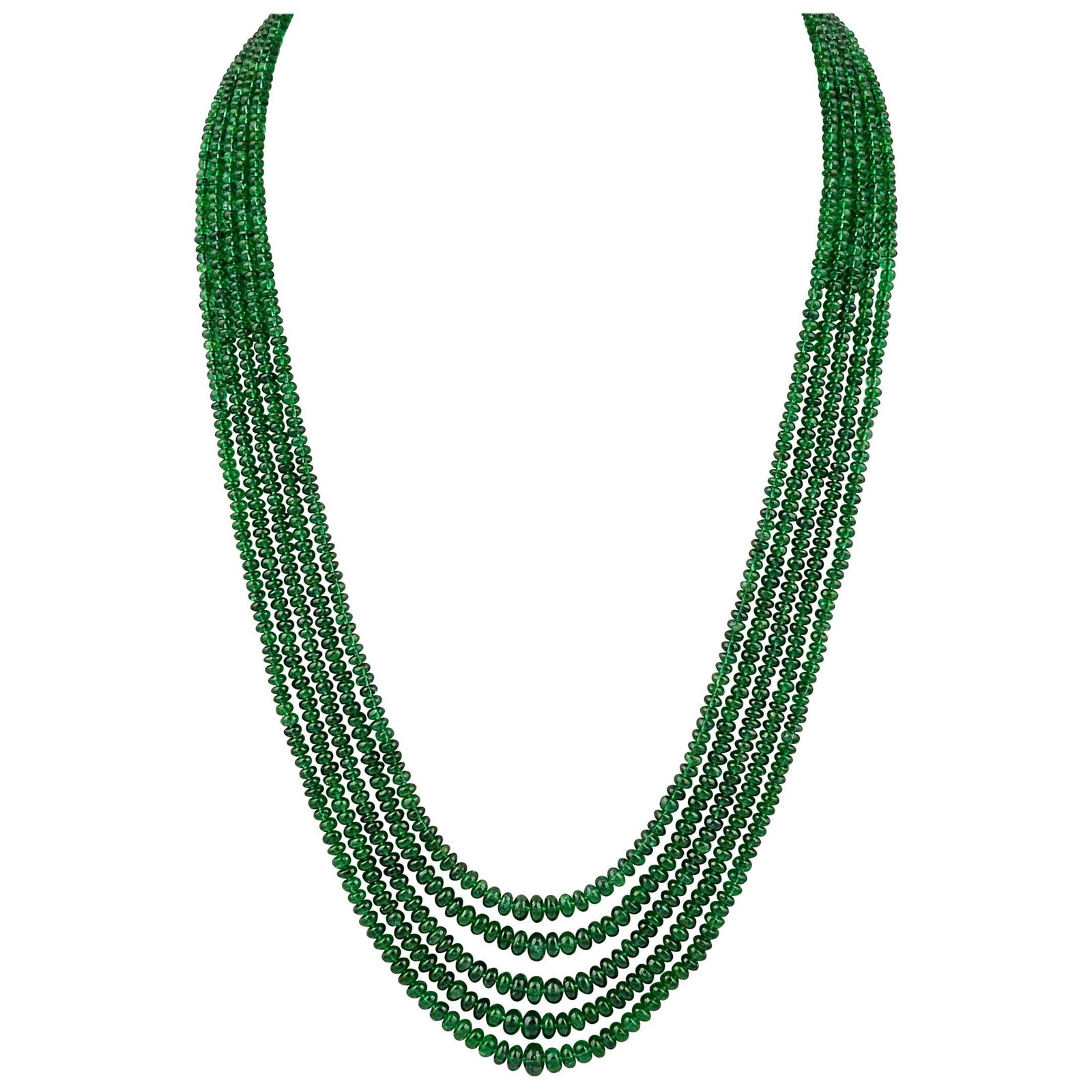 300ct Fine Emerald Beads 5 Line Necklace with 14 kt Yellow Gold Clasp Adjustable - 15