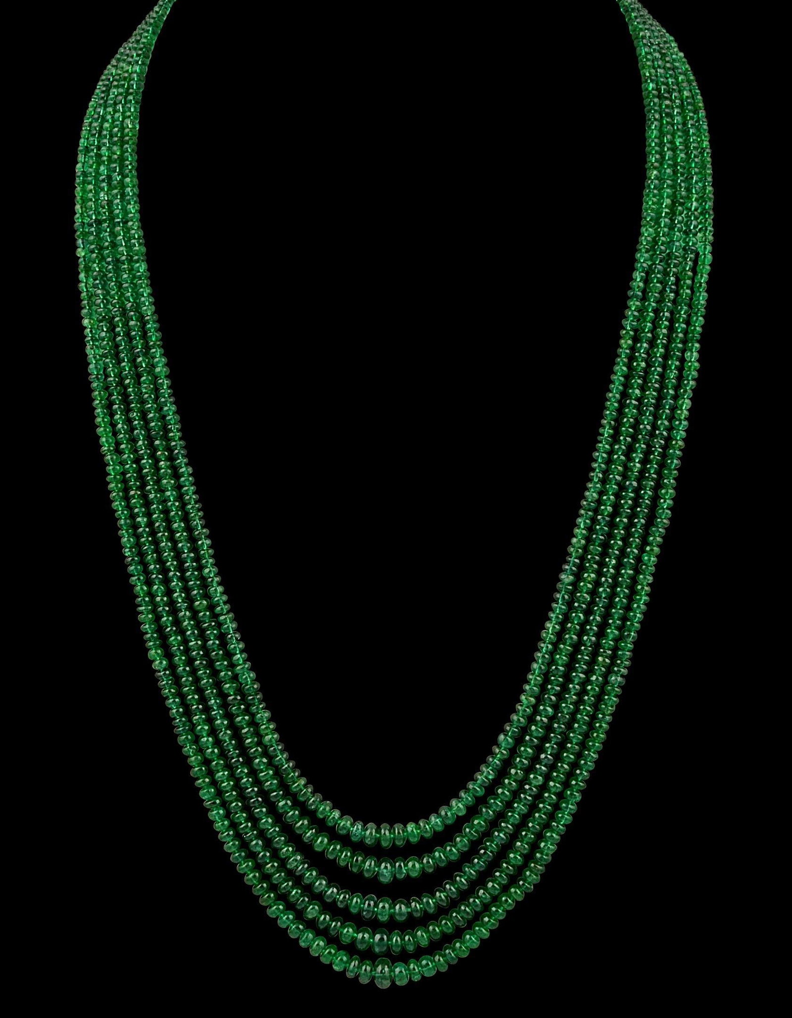 300ct Fine Emerald Beads 5 Line Necklace with 14 kt Yellow Gold Clasp Adjustable - 16