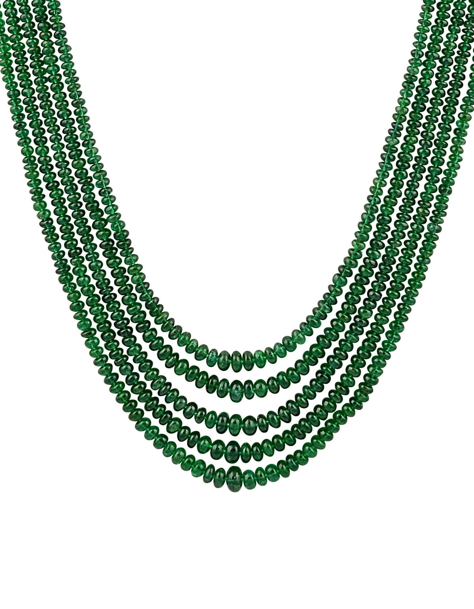 300ct Fine Emerald Beads 5 Line Necklace with 14 kt Yellow Gold Clasp Adjustable - 17