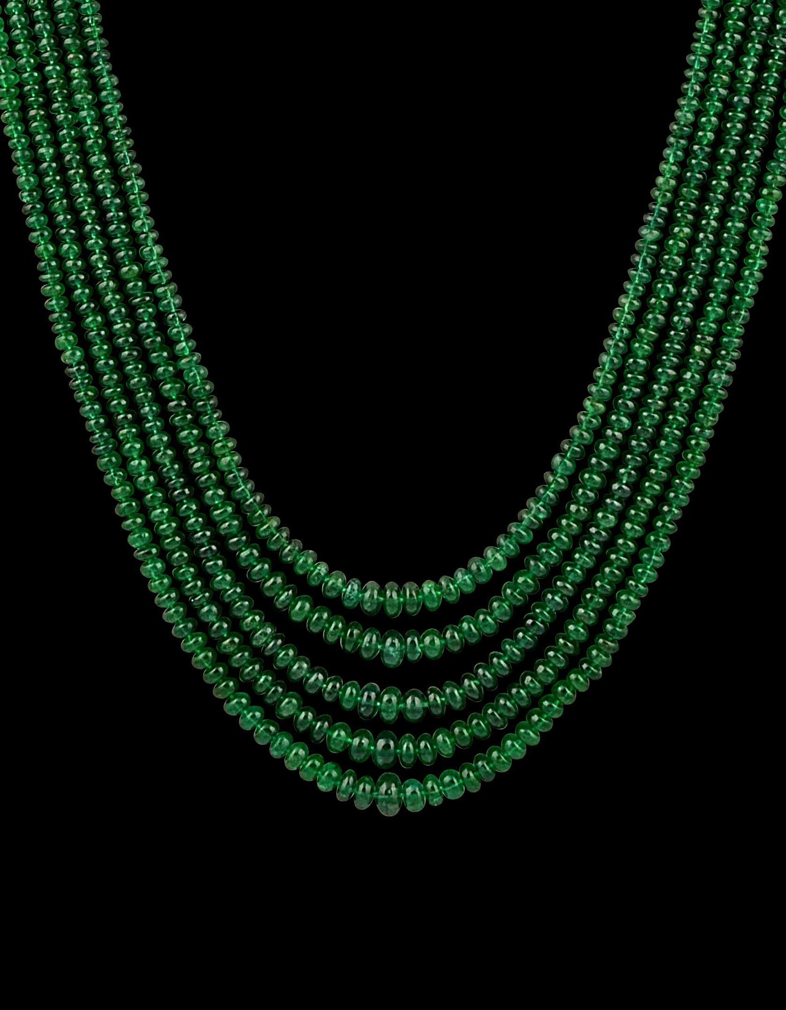 300ct Fine Emerald Beads 5 Line Necklace with 14 kt Yellow Gold Clasp Adjustable - 18