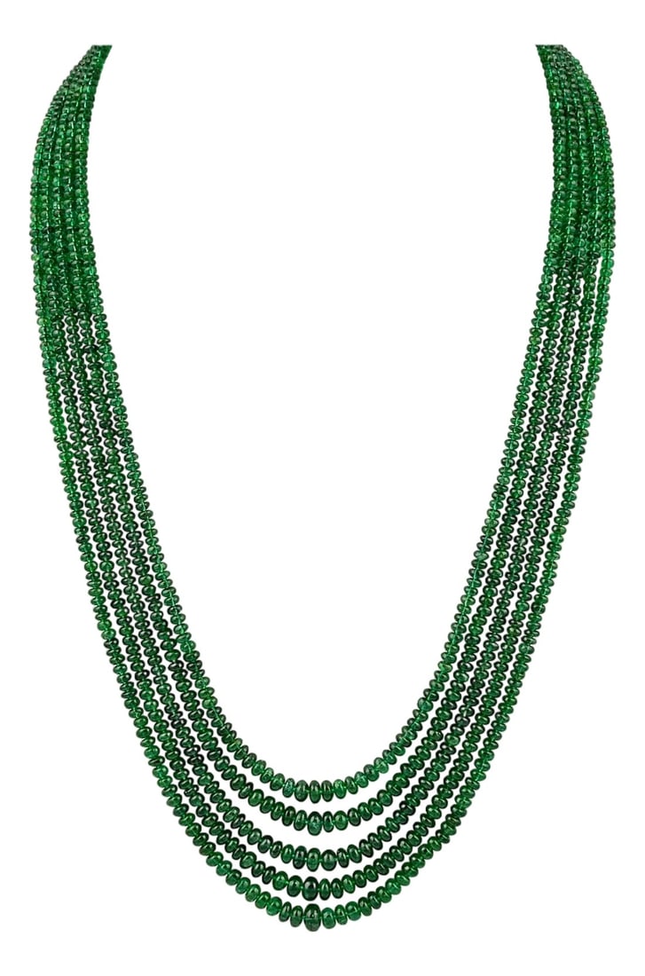300ct Fine Emerald Beads 5 Line Necklace with 14 kt Yellow Gold Clasp Adjustable: Approximately 300 Carat very fine Emerald Beads 5 Line Necklace With 14 Karat Yellow Gold Clasp Adjustable with multiple links This spectacular Necklace consisting of approximately 200 Ct of fine bead