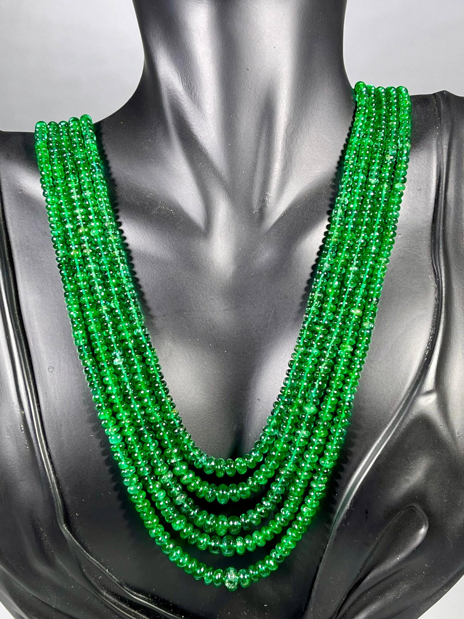 300ct Fine Emerald Beads 5 Line Necklace with 14 kt Yellow Gold Clasp Adjustable - 2