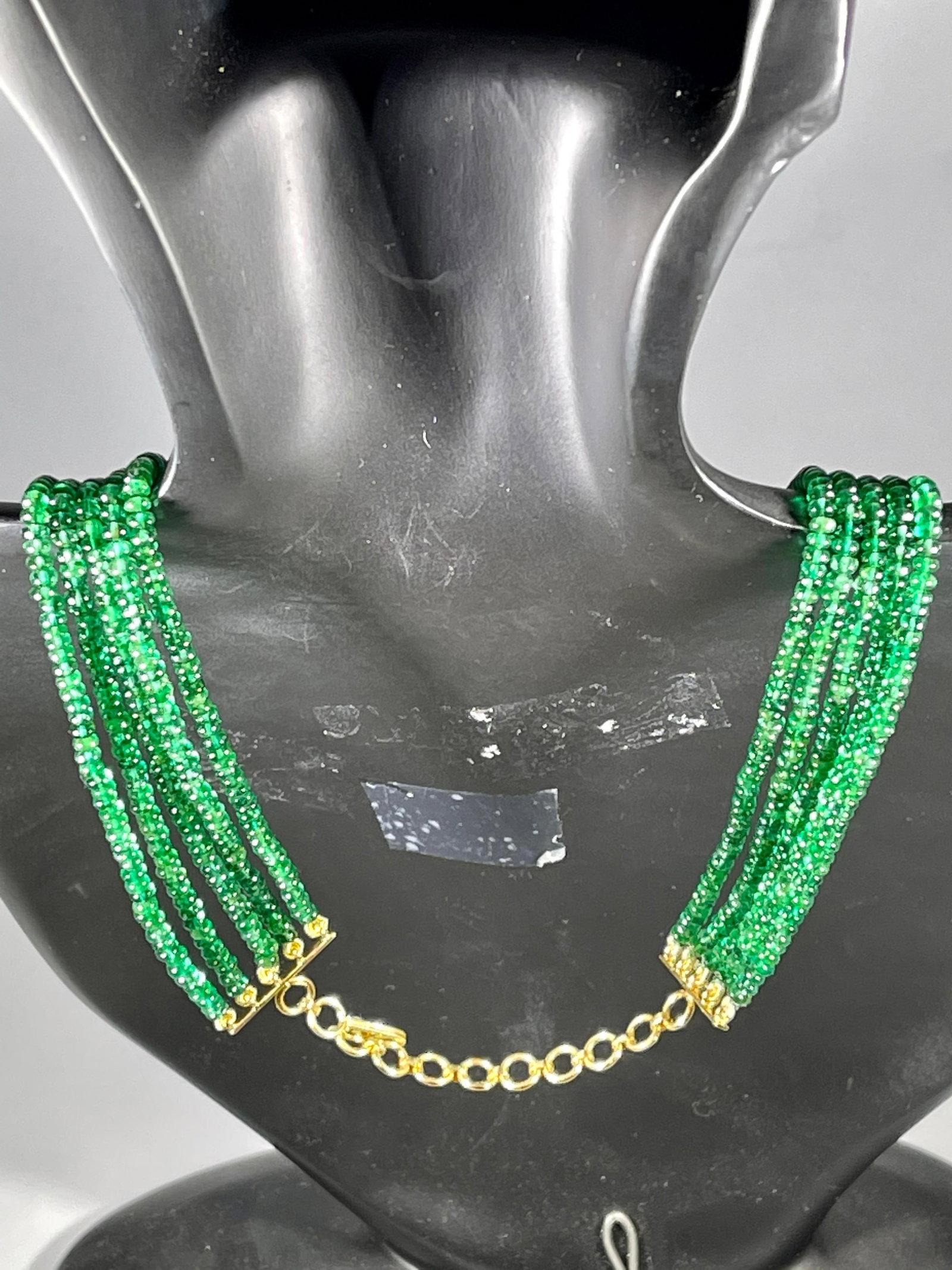 300ct Fine Emerald Beads 5 Line Necklace with 14 kt Yellow Gold Clasp Adjustable - 6