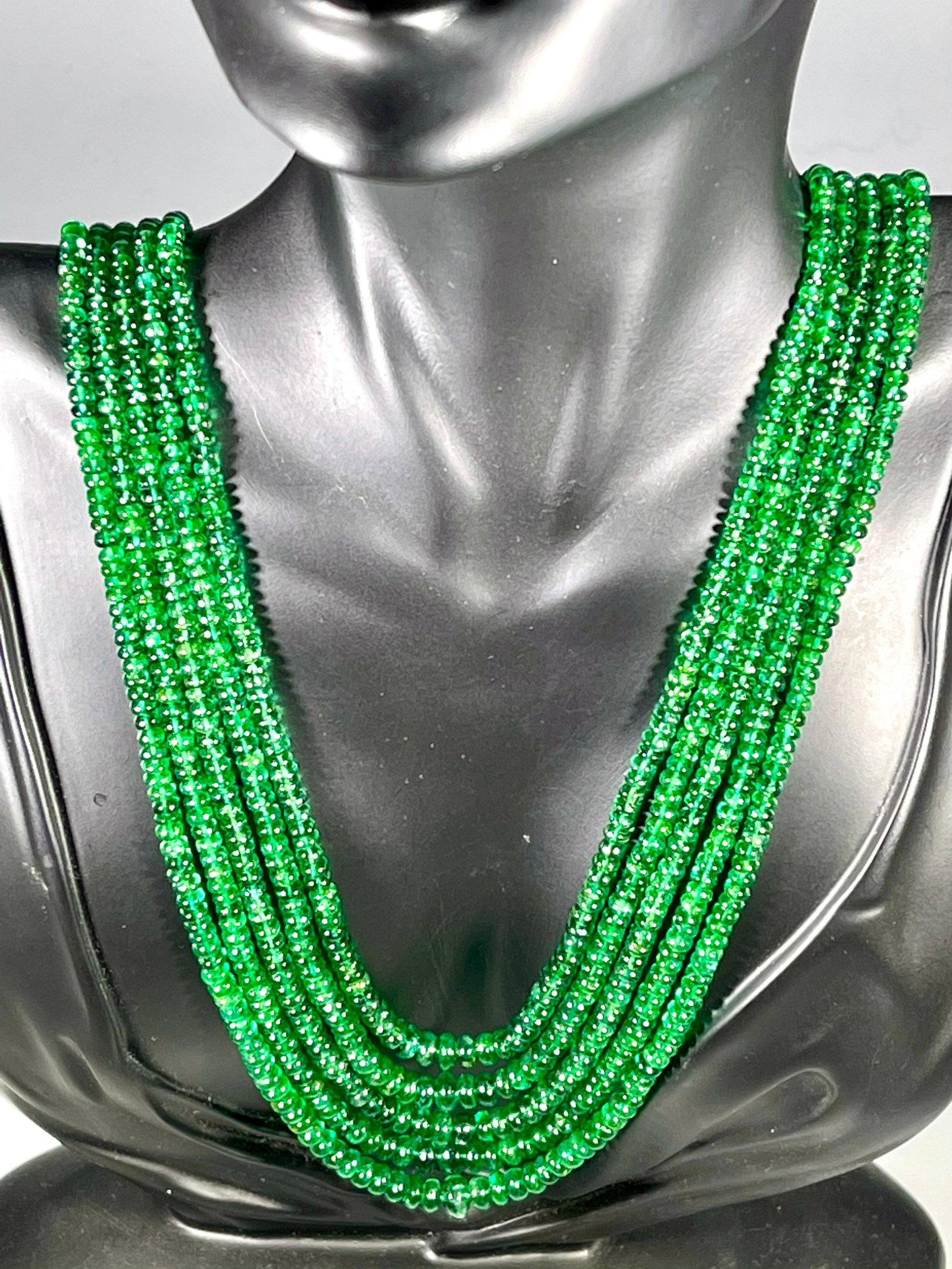 300ct Fine Emerald Beads 5 Line Necklace with 14 kt Yellow Gold Clasp Adjustable - 7