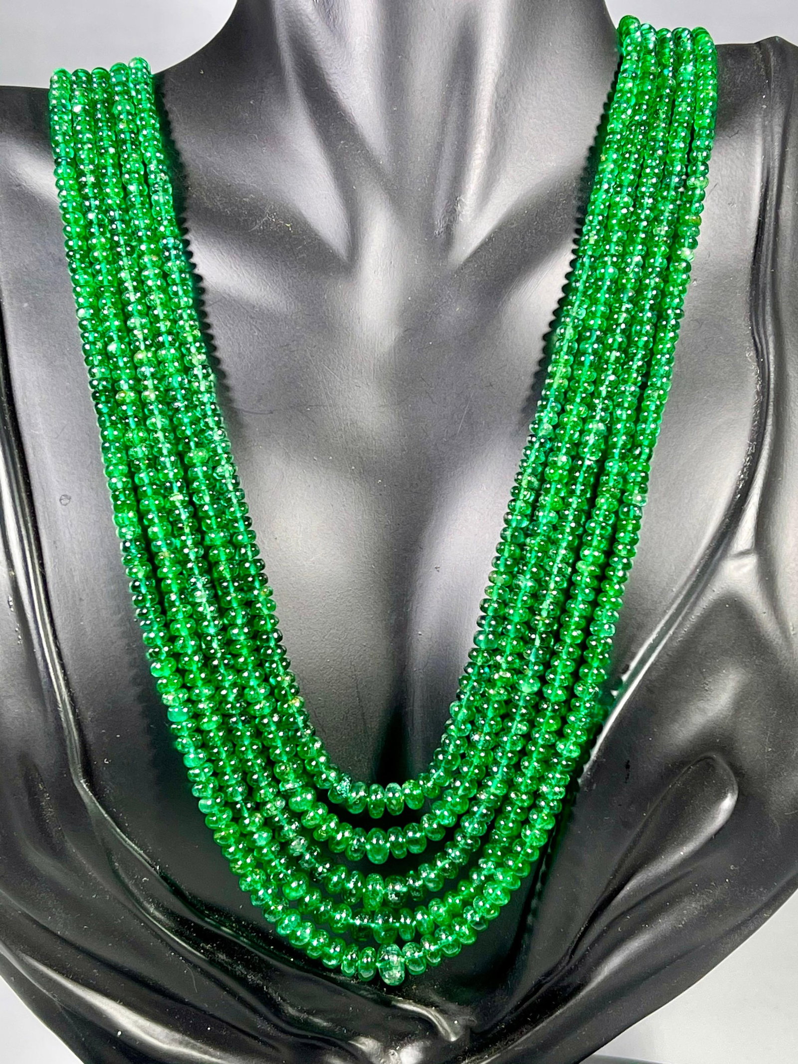 300ct Fine Emerald Beads 5 Line Necklace with 14 kt Yellow Gold Clasp Adjustable - 8