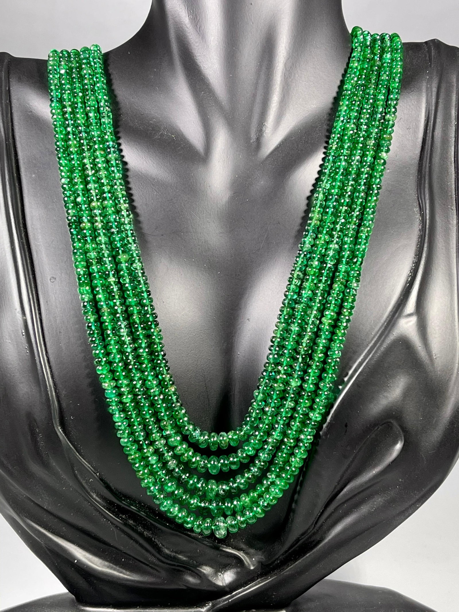 300ct Fine Emerald Beads 5 Line Necklace with 14 kt Yellow Gold Clasp Adjustable - 9