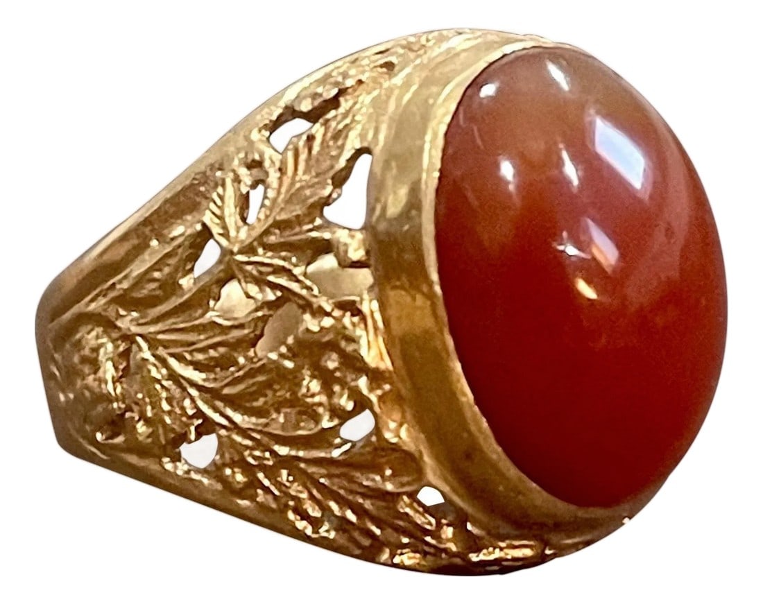 7 Carat Jasper Cabochon 18 Karat Yellow Gold Classic Wide Ring: Approximately 7 Carat Jasper Cabochon 18 Karat Yellow Gold Classic Wide Ring Size 8 & 1/2 Quality craftsmanship makes this long lasting ring a great value. rounded inside edge for increased comfort.