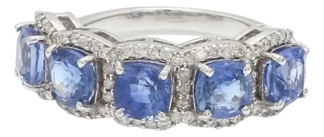 Natural 3.99 cts blue sapphire & 0.43 cts diamond ring in 18k gold: Blue sapphire cushion cut half eternity band ring Natural ceylon blue sapphire diamond ring gold Blue sapphire five stone ring gold gift GEMSTONE DETAILS : âœ¦ Gemstone : Blue Diamond