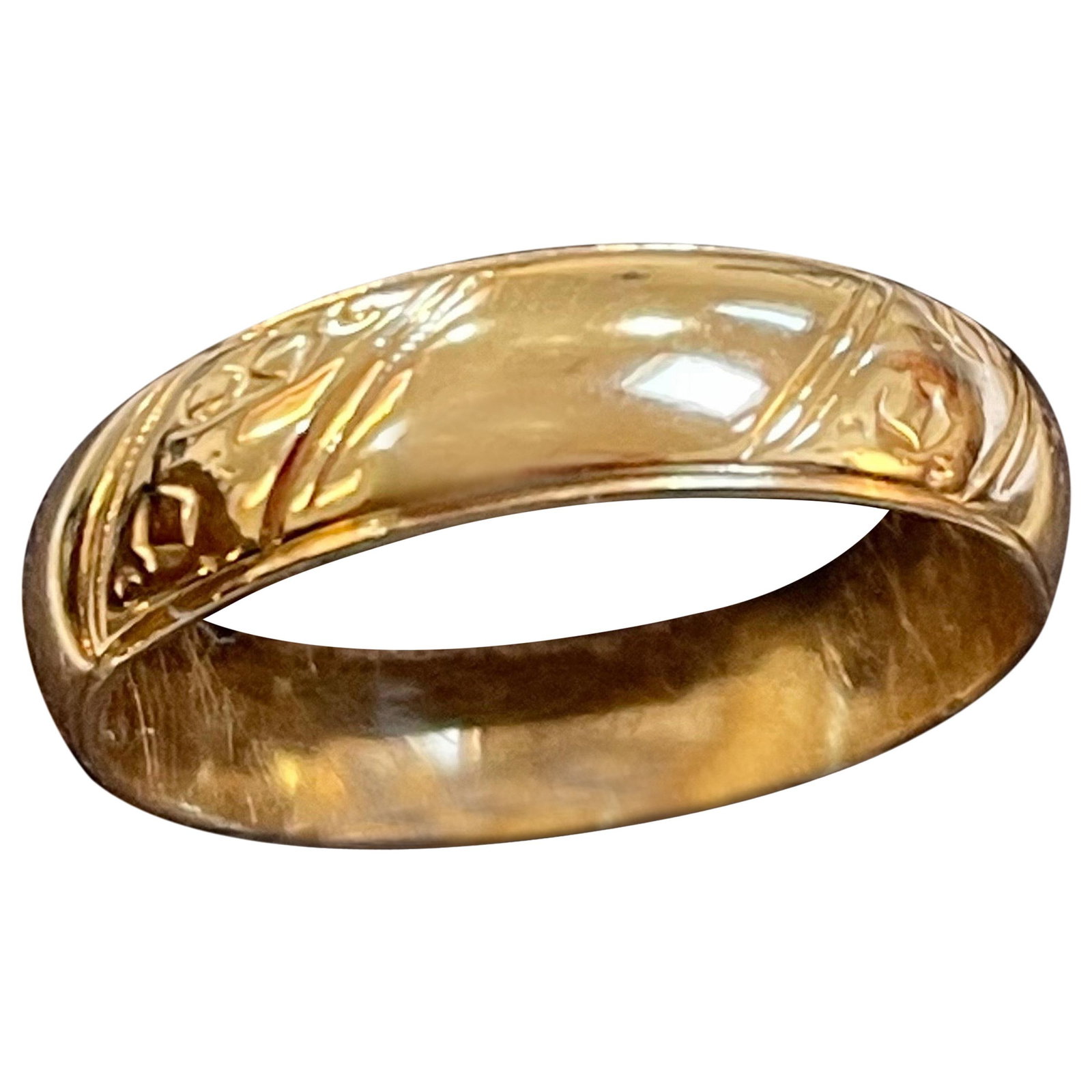 14 Karat Yellow Gold Classic Wide Wedding Band With Design Ring, Unisex Size 9 - 15