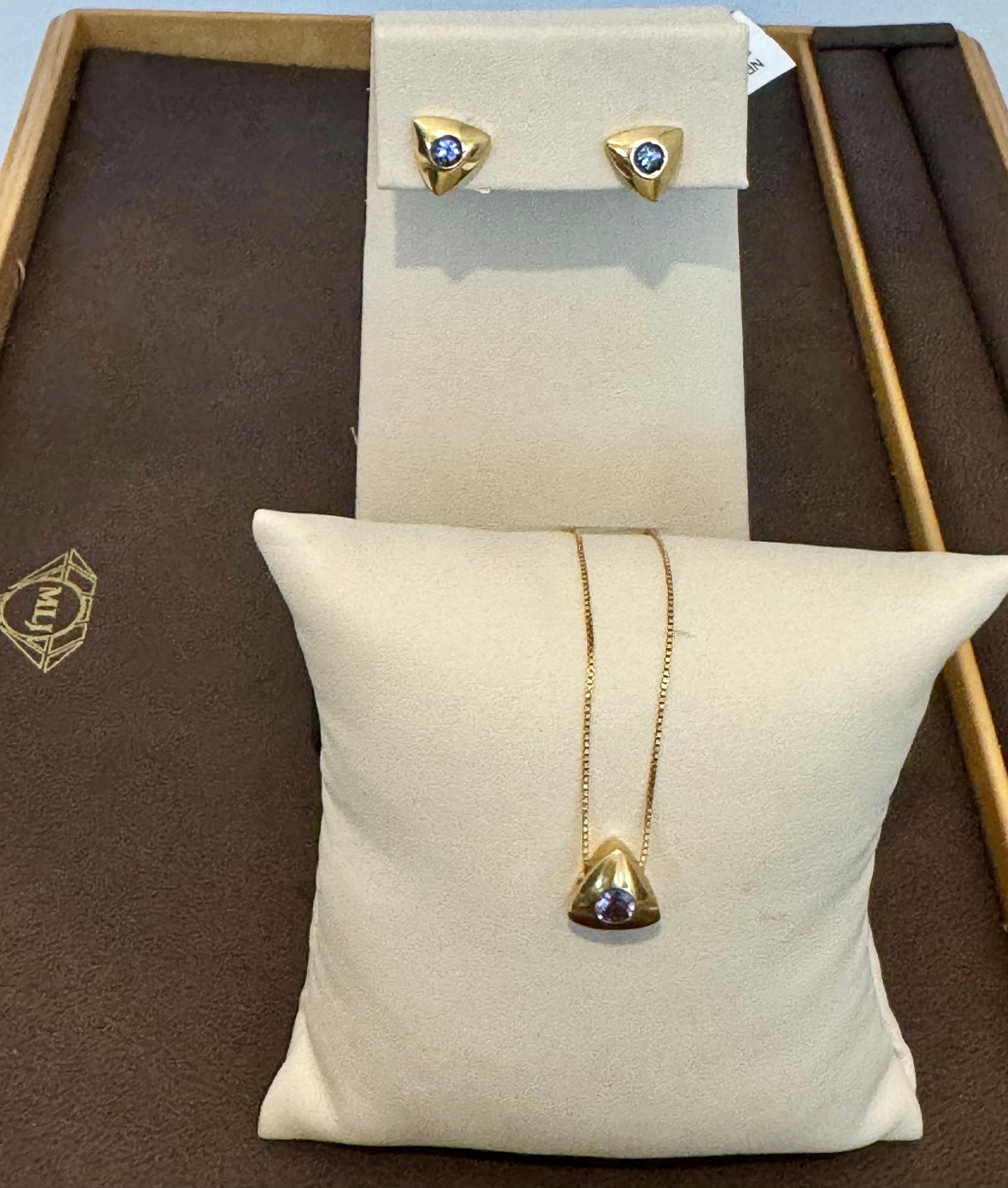 Three Piece Tanzanite Pendant & Earring Set In 14 Karat Yellow Gold with Chain - 12