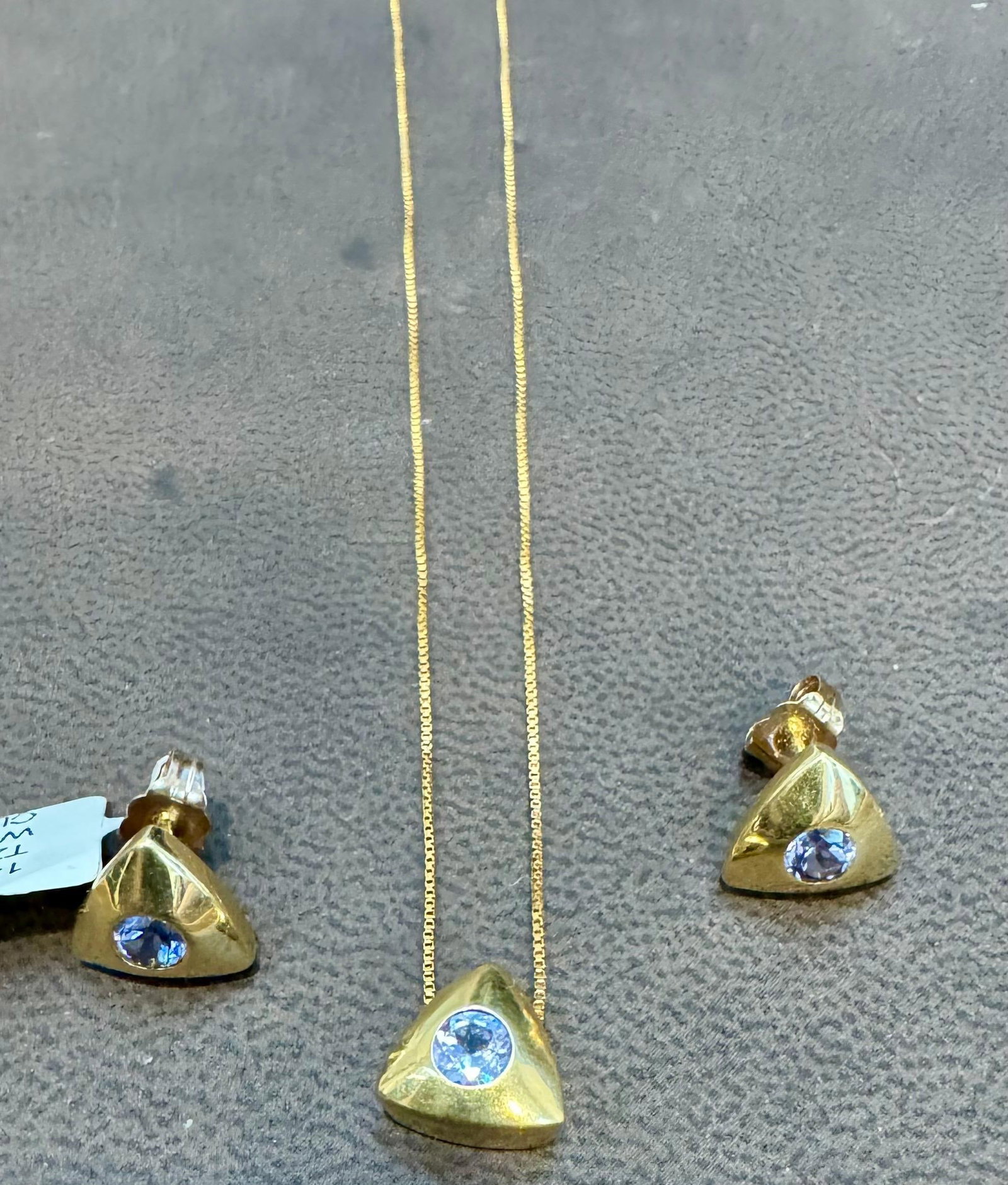 Three Piece Tanzanite Pendant & Earring Set In 14 Karat Yellow Gold with Chain - 13