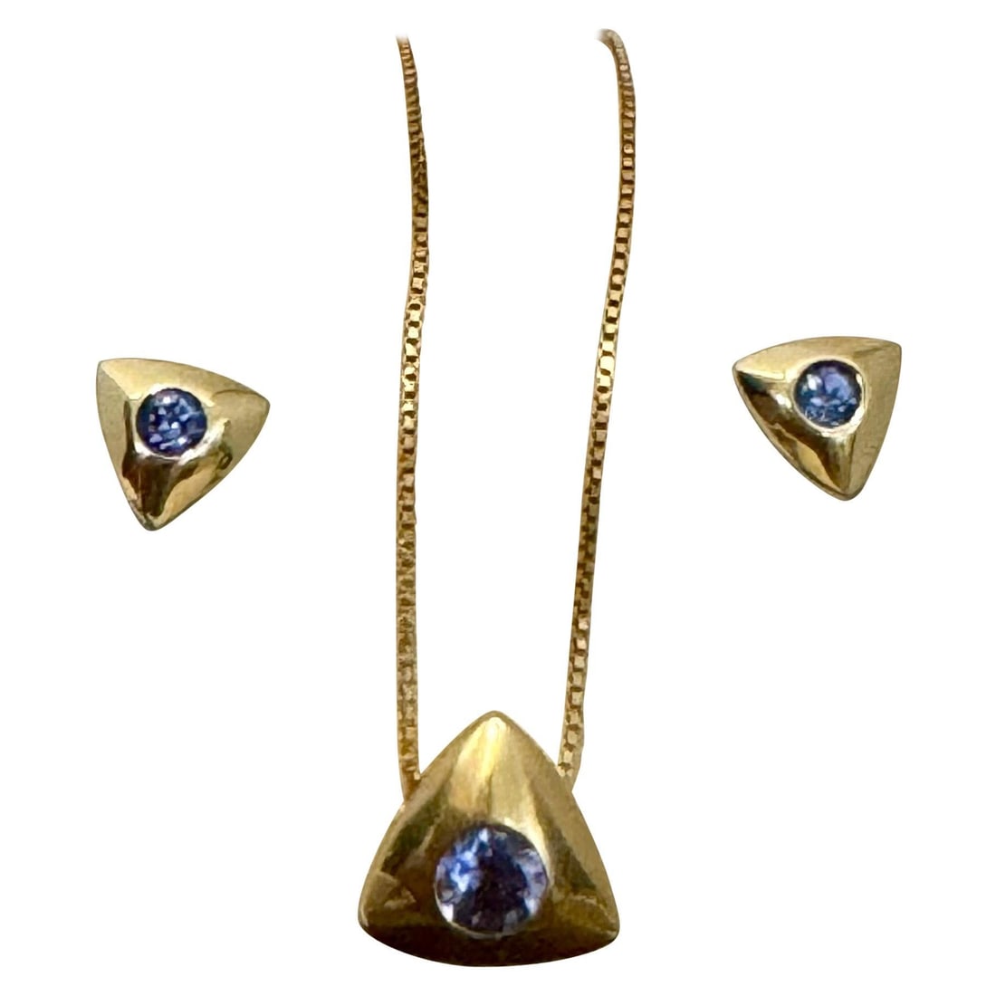 Three Piece Tanzanite Pendant & Earring Set In 14 Karat Yellow Gold with Chain - 15