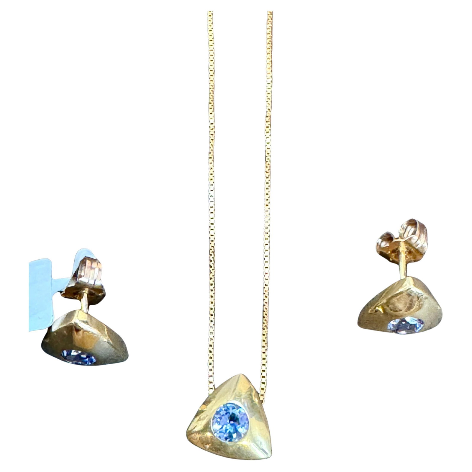 Three Piece Tanzanite Pendant & Earring Set In 14 Karat Yellow Gold with Chain - 17