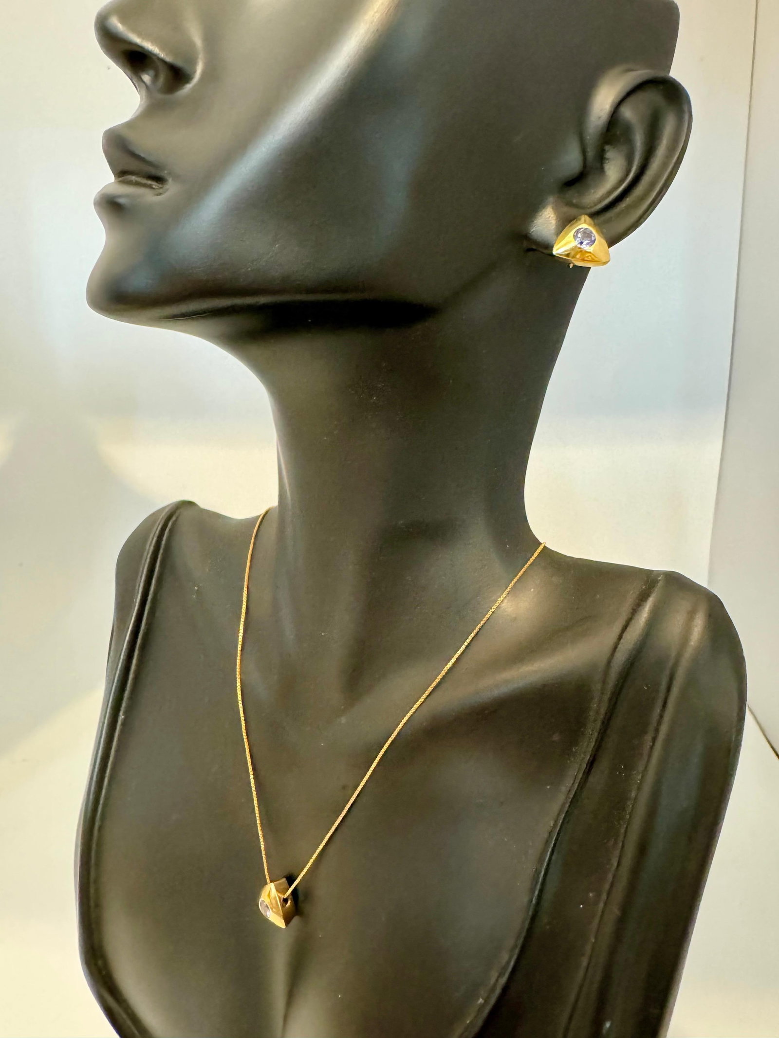 Three Piece Tanzanite Pendant & Earring Set In 14 Karat Yellow Gold with Chain - 4