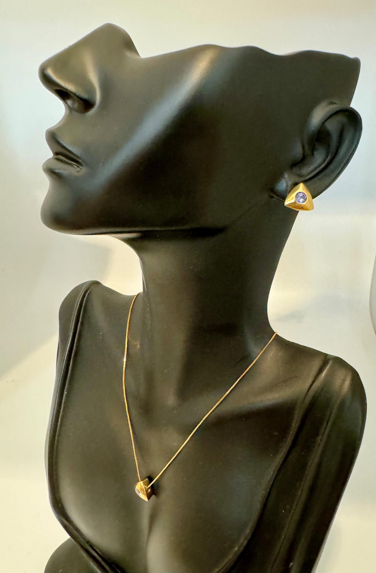 Three Piece Tanzanite Pendant & Earring Set In 14 Karat Yellow Gold with Chain - 7
