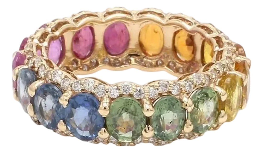 Natural 4.21 cts rainbow sapphire & 0.68 cts diamond ring in 14k gold: Natural Oval Cut Rainbow Sapphire and Diamond Eternity Band in 14K/18K Gold STONE DETAILS : âœ¦ Stone: Rainbow Sapphire & Ruby âœ¦ Stone Type : Natural
